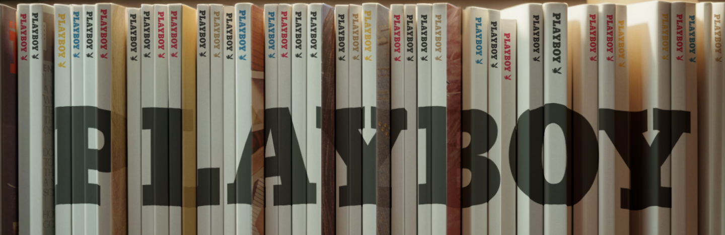 A bookshelf of Playboy issues that spells out Playboy.